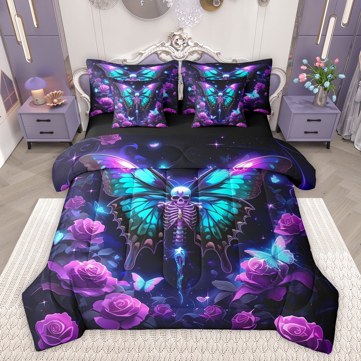 Flyff Rgothic Set Feelyou Gothic Skeleton Skull Twin Bedding Sets 7-Piece, Hippie Blue ...