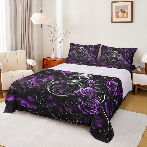 Feelyou Gothic Skull Alphabet S Bed Sheets for Women Girls, Dreamy Purple Rose Full Size Sheets, 4 Pieces, 1 Flat Sheet, 1 Fitted Sheet and 2 Pillowcases