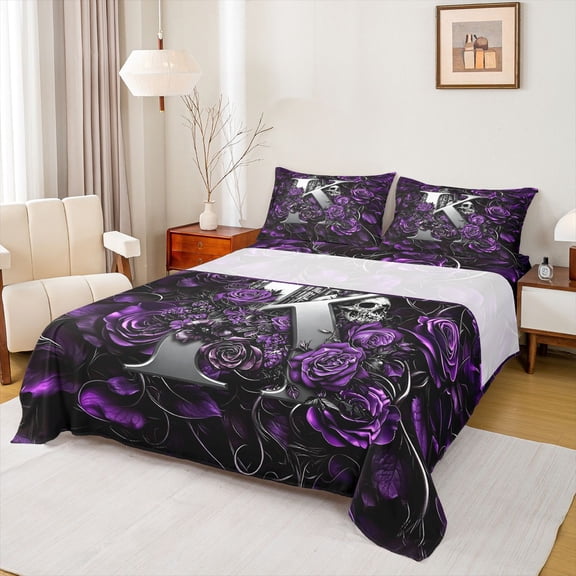 Feelyou Gothic Skull K Letter Bed Sheets for Women Girls, Romantic Rose Floral Full Size Sheets, Purple, 4pcs, 1 Flat Sheet, 1 Fitted Sheet and 2 Pillowcases