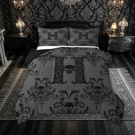 Feelyou Gothic Skull Letter H Full Size Comforter Sets for Boys Girls, Boho Damask Flower Bedding Sets, Black Reversible, 3pcs