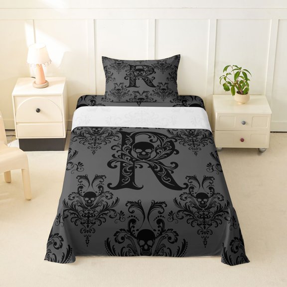 Feelyou Gothic Skull Letter R Twin Sheet Sets for Boys Girls, Boho Damask Flower Bedding, 3-Piece