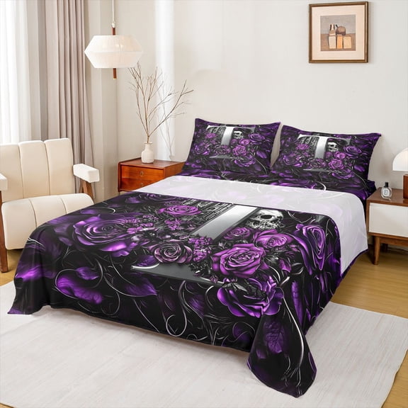 Feelyou Gothic Skull T Letter Bed Sheets for Women Girls, Romantic Rose Floral Full Size Sheets, Purple, 4pcs, 1 Flat Sheet, 1 Fitted Sheet and 2 Pillowcases