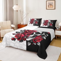 Feelyou Gothic Skull Teens Twin Sheet Sets, Valentine's Day Rose Twin Fitted Sheet, Black Red Flower Flat Sheet, Microfiber Bedroom Decor, 3-Piece