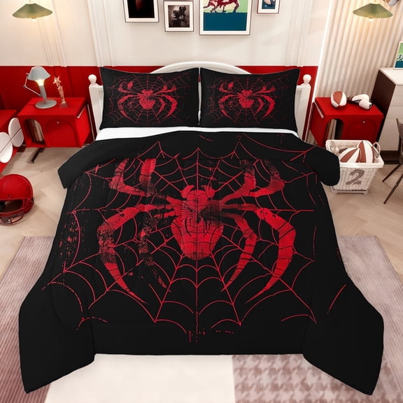 Feelyou Gothic Spider Teens Full Size Comforter Sets, Black Red Animal Bedding Comforter Set, Happy Valentine's Day Reversible Bedding Sets, Breathable Home Decor, 3-Piece
