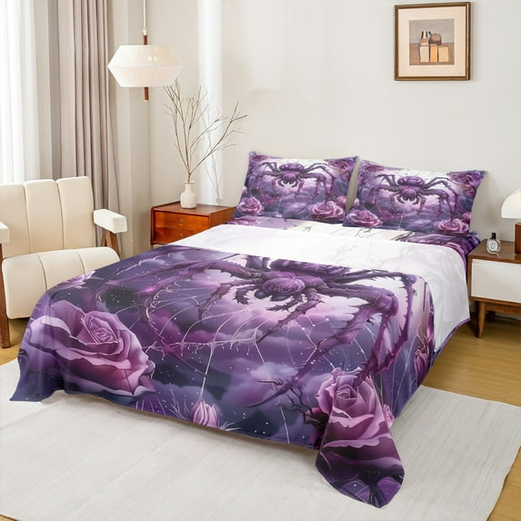 Feelyou Gothic Spider Teens Queen Sheet Sets, Dreamy Purple Animal Flat Sheet, Valentine's Day Rose Floral Queen Fitted Sheet, Lightweight Room Decor, 4-Piece