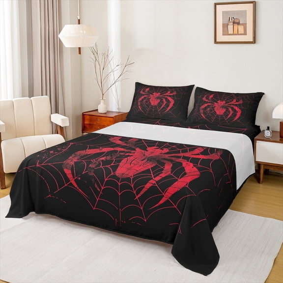 Feelyou Gothic Spider Teens Twin Sheet Sets, Black Red Animal Twin Fitted Sheet, Happy Valentine's Day Flat Sheet, Breathable Home Decor, 3-Piece