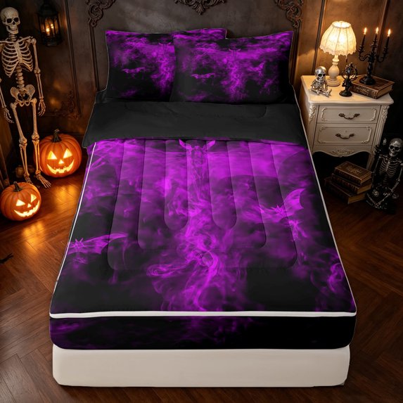 Feelyou Gothic Spooky Bat Zipper Queen Comforter Set with Fitted Sheet and 2 Pillowcases, Purple Boho Halloween Zipper Bedding Set, Black Reversible, 4pcs