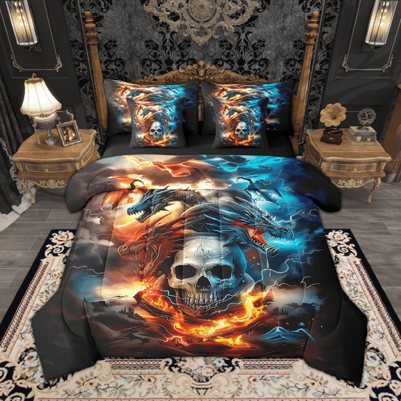 Feelyou Gothic Sugar Skull Bedding Comforter Set 7-Piece, Ice Fire Dragon Full Bedding Set, Nature Lightning Fitted Sheet Flat Sheet, Happy Halloween Room Decor
