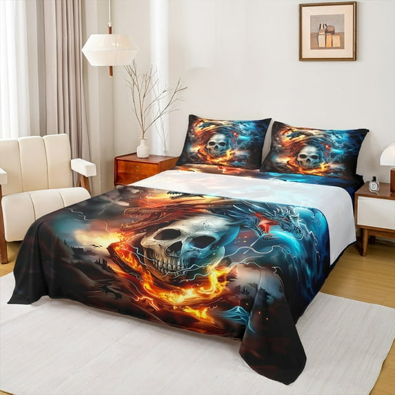 Feelyou Gothic Sugar Skull Full Size Sheets, Ice Fire Dragon Bed Sheets, Nature Lightning Sheet Sets, Happy Halloween Room Decor