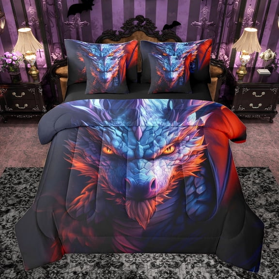 Feelyou Gothic Western Dragon Bedding Comforter Set 7pcs, Anime Animal King Bedding Sets, Teens Kids Boys Girls Reversible Bed Sheets, Super Cozy Room Decor