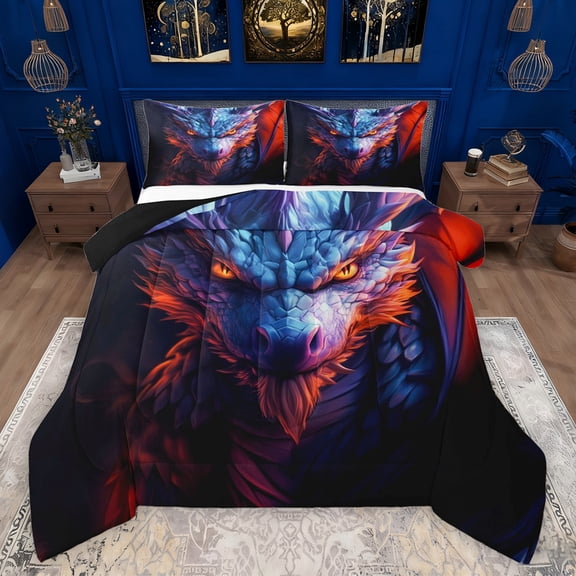 Feelyou Gothic Western Dragon Bedding Comforter Set, Anime Animal Twin Comforter Sets, Teens Kids Boys Girls Reversible Bedding Set, Super Cozy Room Decor, 2 Pieces