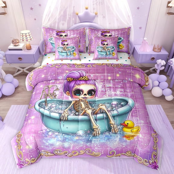 Feelyou Gothic Witch Skeleton Bedding Comforter Set 7pcs, Purple Sequin Print King Bedding Sets, Fairy Tale Reversible Bed Sheets, Breathable Home Decor