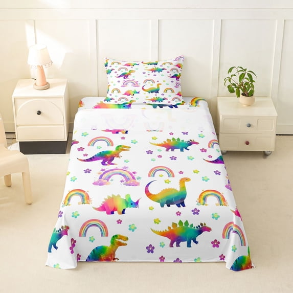 Feelyou Gradient Dinosaur Twin Sheet Sets for Kids Boys Girls, Boho Flower Rainbow Wildlife Bedding, White Pink, 3 Pieces