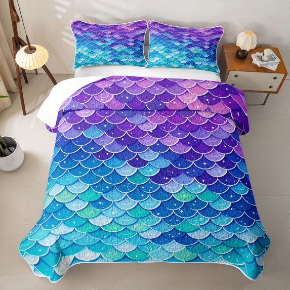 Feelyou Gradient Mermaid Scale Twin Quilt Set for Boys Girls, Dreamy Sea Princess Twin Coverlet Set, Purple Blue, 2-Piece