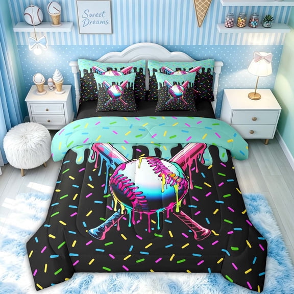 Feelyou Graffiti Baseball Full Size Bedding Sets for Boys, Ice Cream Drip Bat Full Size Bed in a Bag, Black Blue, Black Reversible, 7 Pieces
