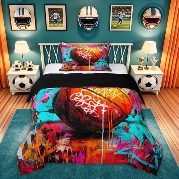Feelyou Graffiti Basketball Twin Comforter Sets for Teens, Street Art Ball Bedding Set, Multicolor Black, Black Reversible, 2pcs, 1 Comforter and 1 Pillowcase