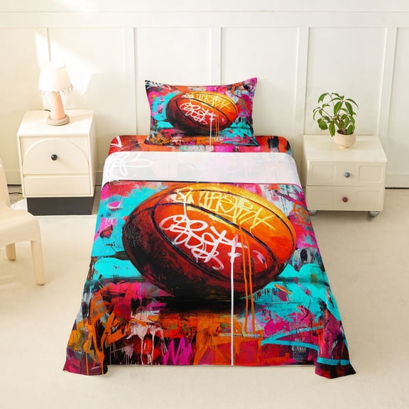 Feelyou Graffiti Basketball Twin Sheets for Teens, Street Art Ball Bedding, Multicolor Black, 3pcs, 1 Flat Sheet, 1 Fitted Sheet and 1 Pillowcase