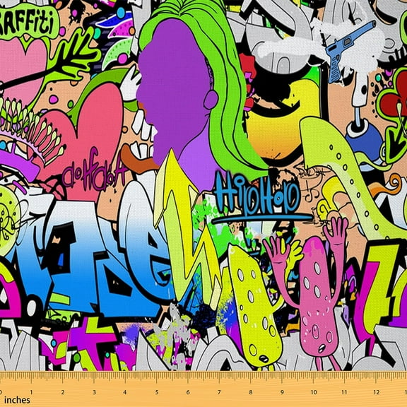 Feelyou Graffiti Fabric by the Yard 2 Yards for Kids, Street Artwork Sewing Fabric, Cartoon Hip Hop Home Decor Fabric by the Yard, Super Cozy Room Decor