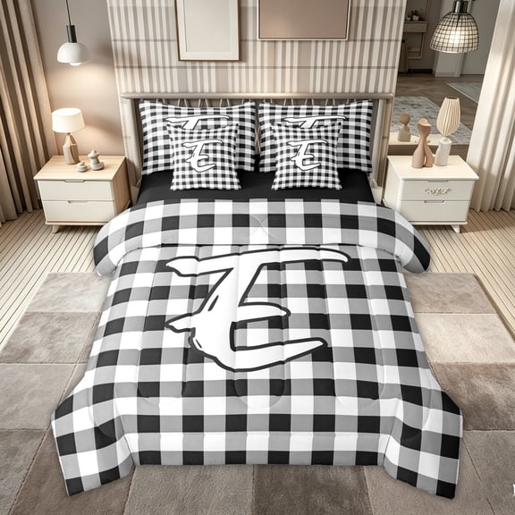 Feelyou Graffiti Letter E Bedding Comforter Set for Boys, Checkered Grid Full Bedding Set, Black White, Black Reversible, 7pcs