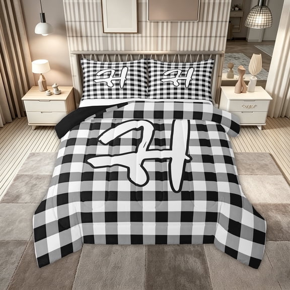 Feelyou Graffiti Letter H Queen Comforter Set for Kids, Checkered Grid Bedding Comforter Set, Black White, Black Reversible, 3pcs
