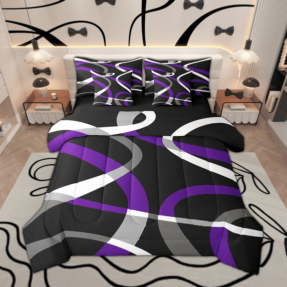 Feelyou Gray White Black Purple Bedding Comforter Set 7pcs, Minimalist Abstract Artwork King Bedding Sets, Geometric Swirl Stripe Bed Sheets