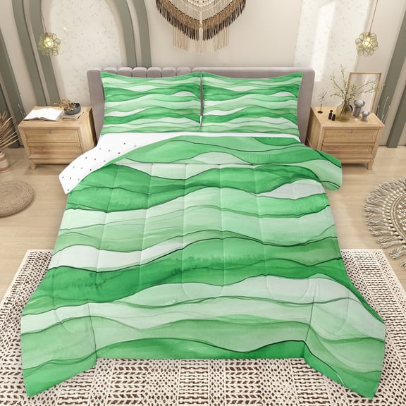 Feelyou Green Art Watercolor Full Size Comforter Sets, Modern Abstract Ombre Bedding Comforter Set, Ink Minimalism Fashion Reversible Bedding Sets, Microfiber Bedroom Decor, 3pcs