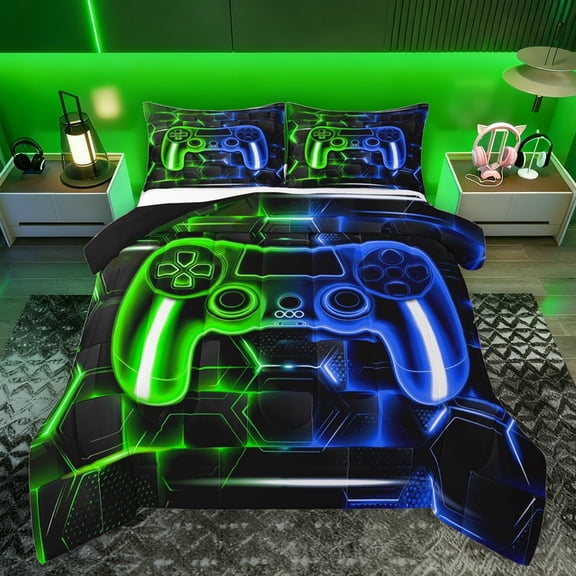 Feelyou Green Blue Gamepad Bedding Comforter Set for Teen, Video Games Controller Twin Comforter Sets, Neon Glowing Honeycomb Reversible Bedding Set, Ultra Soft Bedroom Decor, 2-Piece