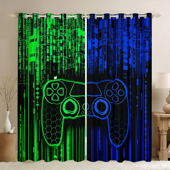 Feelyou Green Blue Gamepad Blackout Curtains Set of 2 (52x84 Each), Video Gaming Gamer Window Curtains, Teens Kids Boys Girls Curtains and Drapes, Blackout Curtains Bedroom Decor