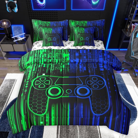 Feelyou Green Blue Gamepad Twin Bedding Sets 7-Piece, Video Gaming Gamer Bedding Comforter Set, Teens Kids Boys Girls Reversible Sheet Sets, Luxury Bedroom Decor