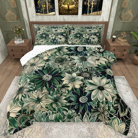 Feelyou Green Botanical Flower Bedding Comforter Set, Rustic Plant Print Twin Comforter Sets, Western Mid Century Fashion Reversible Bedding Set, Microfiber Bedroom Decor, 2pcs