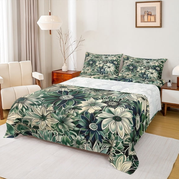 Feelyou Green Botanical Flower Queen Sheet Sets, Rustic Plant Print Flat Sheet, Western Mid Century Fashion Queen Fitted Sheet, Microfiber Bedroom Decor, 4pcs