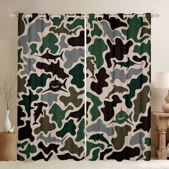 Feelyou Green Camo Ocean Animal Blackout Curtains Set of 2 (52x84 Each) for Men Women, Shark Dolphin Seal Window Curtains, Green Grey