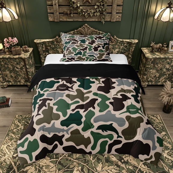 Feelyou Green Camo Ocean Animal Twin Comforter Sets for Men Women, Shark Dolphin Seal Bedding Set, Green Grey, Black Reversible, 2 Pieces