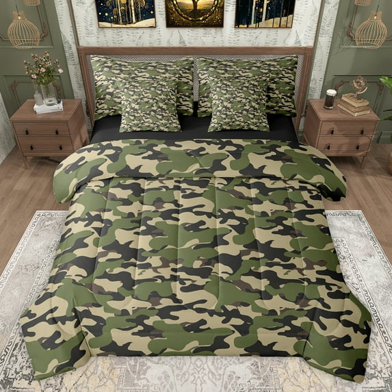 Feelyou Green Camouflage Abstract Bedding Comforter Set 7 Pieces, Vintage Fashion Camo Full Bedding Set, Teens Kids Boys Girls Reversible Fitted Sheet Flat Sheet, Super Cozy Room Decor
