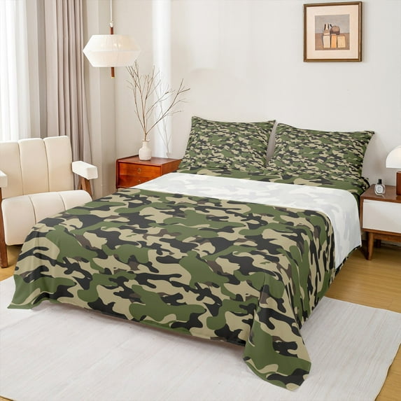 Feelyou Green Camouflage Abstract Queen Sheet Sets, Vintage Fashion Camo Flat Sheet, Teens Kids Boys Girls Queen Fitted Sheet, Super Cozy Room Decor, 4-Piece