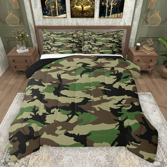 Feelyou Green Camouflage Queen Comforter Set, Camo Abstract Bedding Sets, Teens Kids Boys Girls Reversible Bedding Comforter Set, Lightweight Room Decor, 3pcs