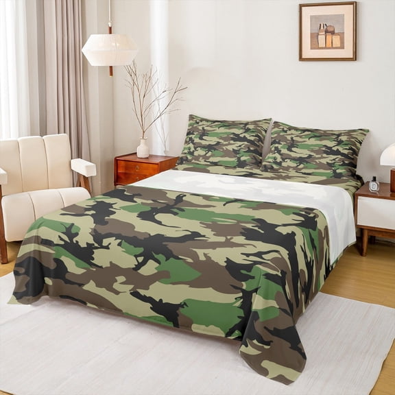 Feelyou Green Camouflage Twin Sheet Sets, Camo Abstract Twin Fitted Sheet, Teens Kids Boys Girls Flat Sheet, Lightweight Room Decor, 3pcs