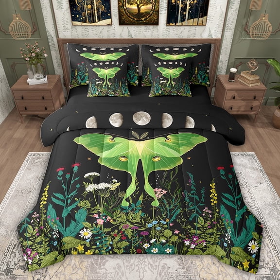 Feelyou Green Cartoon Moth Bedding Comforter Set 7pcs for Kid, Rustic Leaves Plant Queen Bedding Sets, Hippie Western Animal Reversible Queen Sheet Sets, Ultra Soft Bedroom Decor