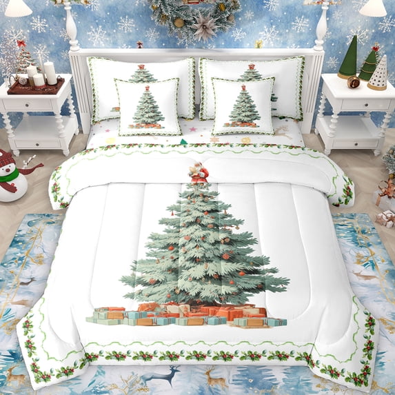 Feelyou Green Christmas Tree Bedding Comforter Set 7pcs, Santa Claus Gifts King Bedding Sets, Teens Kids Girls Boys Reversible Bed Sheets, Super Cozy Room Decor