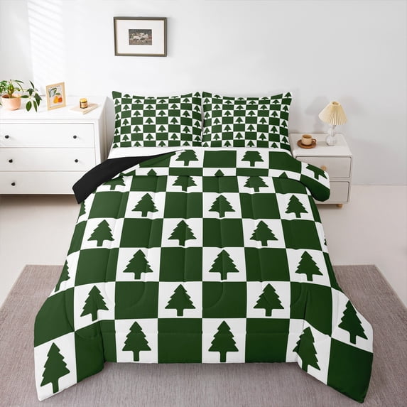 Feelyou Green Christmas Tree Full Size Comforter Sets, Square Plaid Buffalo Bedding Comforter Set, Teens Boys Girls Kids Reversible Bedding Sets, Ultra Soft Home Decor, 3pcs