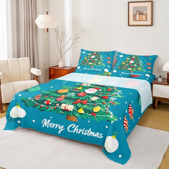 Feelyou Green Christmas Tree Twin Sheet Sets, Cute Santa Claus Twin Fitted Sheet, Child Teens Boys Girls Flat Sheet, Ultra Soft Home Decor, 3pcs