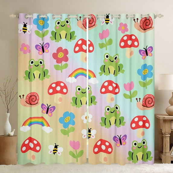 Feelyou Green Cute Frog Blackout Curtains Set of 2 (52x84 Each) for Teen, Kawaii Cartoon Mushroom Window Curtains, Rainbow Flower Curtains and Drapes, Blackout Curtains Bedroom Decor