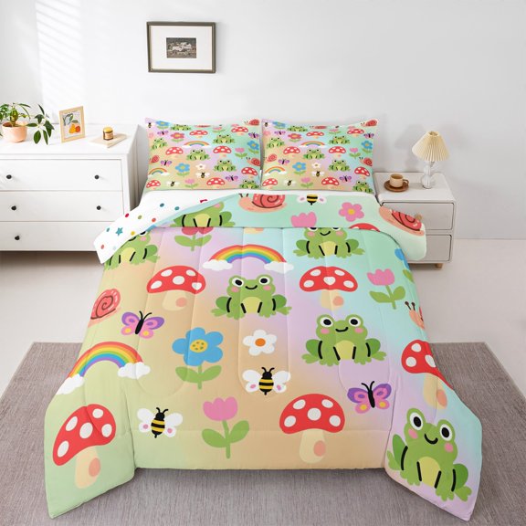 Feelyou Green Cute Frog Queen Comforter Set for Teen, Kawaii Cartoon Mushroom Bedding Sets, Rainbow Flower Reversible Bedding Comforter Set, Microfiber Bedroom Decor, 3pcs