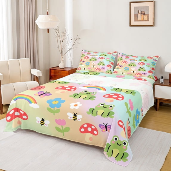 Feelyou Green Cute Frog Twin Sheet Sets for Teen, Kawaii Cartoon Mushroom Twin Fitted Sheet, Rainbow Flower Flat Sheet, Microfiber Bedroom Decor, 3pcs