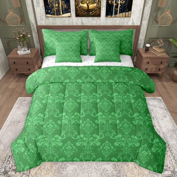 Feelyou Green Damask Floral Bedding Comforter Set 7pcs, Hippie Tribal Abstract King Bedding Sets, Western Old Fashion Reversible Bed Sheets, Super Cozy Room Decor
