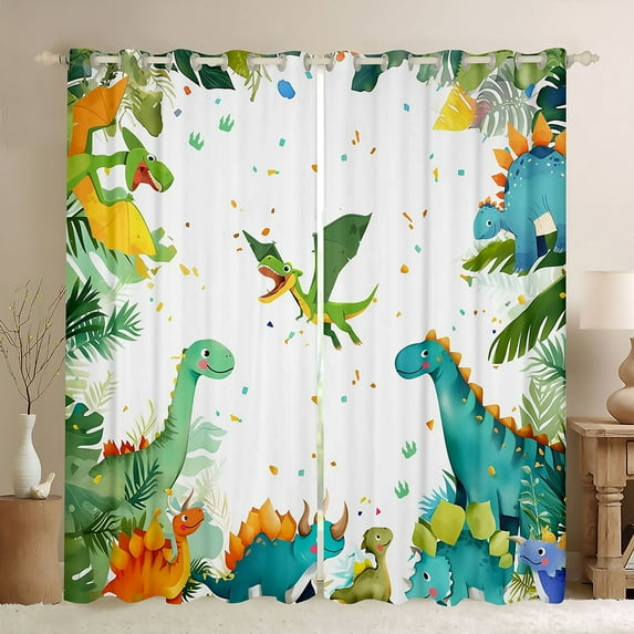 Feelyou Green Dinosaur Animal Blackout Curtains Set of 2 (52x84 Each), Kawaii Jungle Dino Window Curtains, Palm Leaf Plant Curtains and Drapes, Window Curtains Home Decor