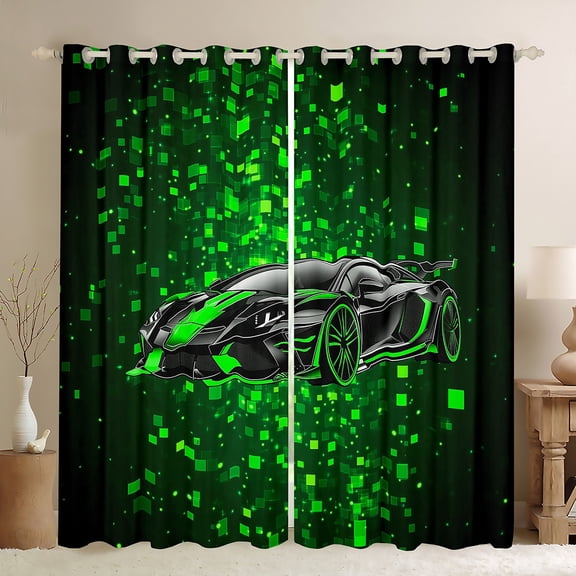 Feelyou Green Fahion Automobile Black Out Curtains, Square Honeycomb Curtains Pack of 2 (42x63 Each), Teens Kids Boys Girls Bedroom Curtains, Curtains and Drapes Decor
