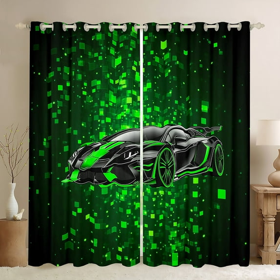 Feelyou Green Fahion Automobile Black Out Curtains, Square Honeycomb Curtains Pack of 2 (42x63 Each), Teens Kids Boys Girls Bedroom Curtains, Curtains and Drapes Decor