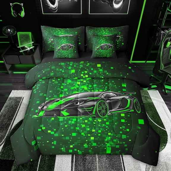 Feelyou Green Fahion Automobile Twin Bedding Sets 7-Piece, Square Honeycomb Bedding Comforter Set, Teens Kids Boys Girls Reversible Sheet Sets, Lightweight Room Decor