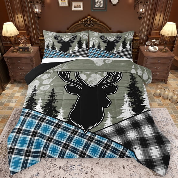 Feelyou Green Farmhouse Full Size Comforter Sets, Woodland Wildlife Deer Bedding Comforter Set, Rustic Hunting Theme Reversible Bedding Sets, Microfiber Bedroom Decor, 3pcs